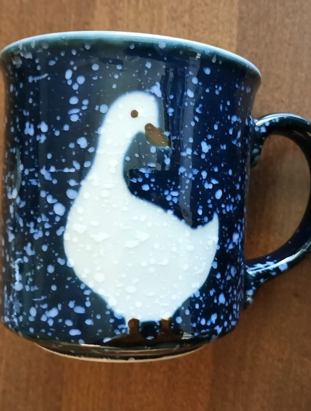 Vintage Set of Blue & White Speckled Glazed Ceramic Duck Coffee Cups